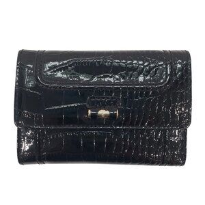 Liz Claiborne Black Patent Leather Croc Embossed Wallet Trifold 10+ Card Slots